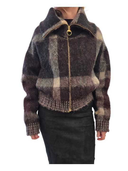 Blouson Carville laine court tartan bordeaux noir écru Barbour femme LKN 1797 MI11 boutique Strasbourg front