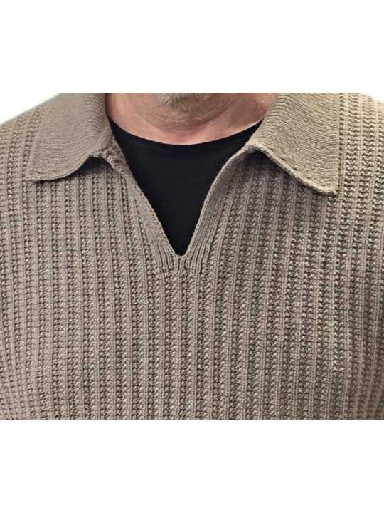Pull col marin brodé fleur bas taupe avoine Cesar 622828 9425 Montagut Homme boutique Strasbourg France store vêtement col