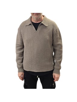 Pull col marin brodé fleur bas taupe avoine Cesar 622828 9425 Montagut Homme boutique Strasbourg France store vêtement front