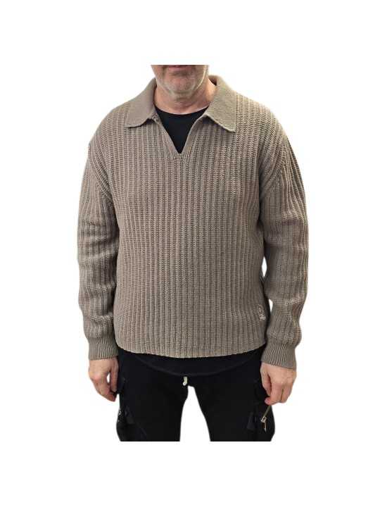 Pull col marin brodé fleur bas taupe avoine Cesar 622828 9425 Montagut Homme boutique Strasbourg France store vêtement front