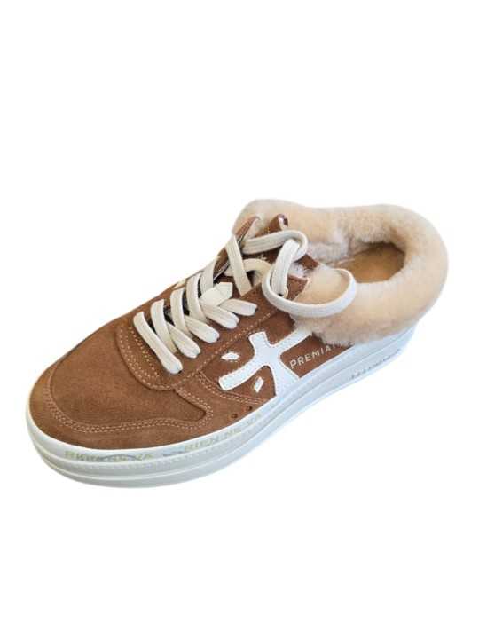 Sneakers mule fourrée suède Camel MICOL 7016M Premiata Femme baskets boutique Strasbourg France shoes store shop online vue