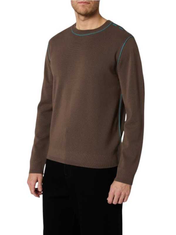 Pull fin taupe surpiqué turquoise boutonnière épaule M1R 992Z W03257 67 Paul Smith homme Strasbourg vêtement mode store shop