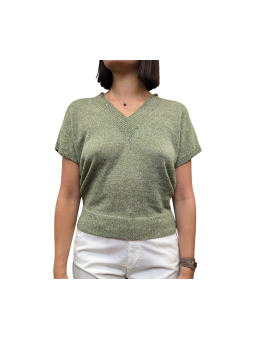 MAILLE COL V SEQUINS VERT OLIVE MANCHES COURTES W261815 451 AROVESCIO FEMME Strasbourg avant