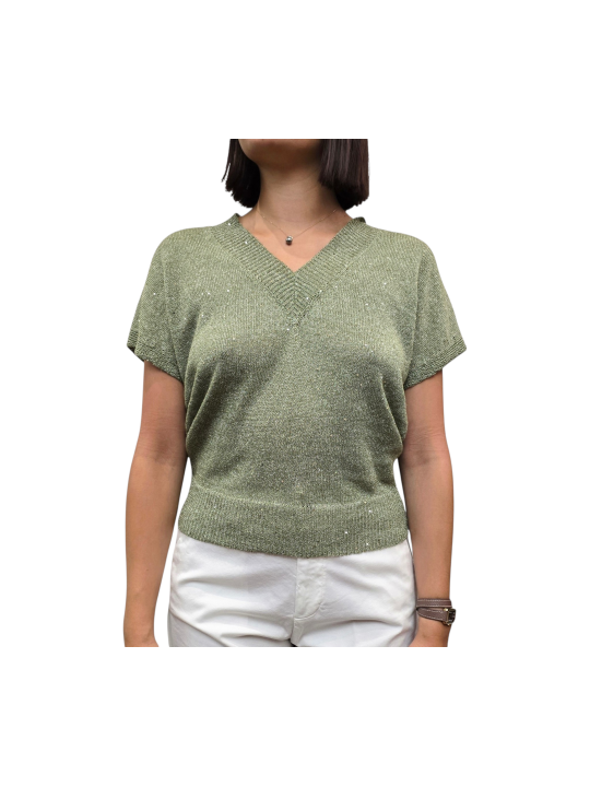 MAILLE COL V SEQUINS VERT OLIVE MANCHES COURTES W261815 451 AROVESCIO FEMME Strasbourg avant