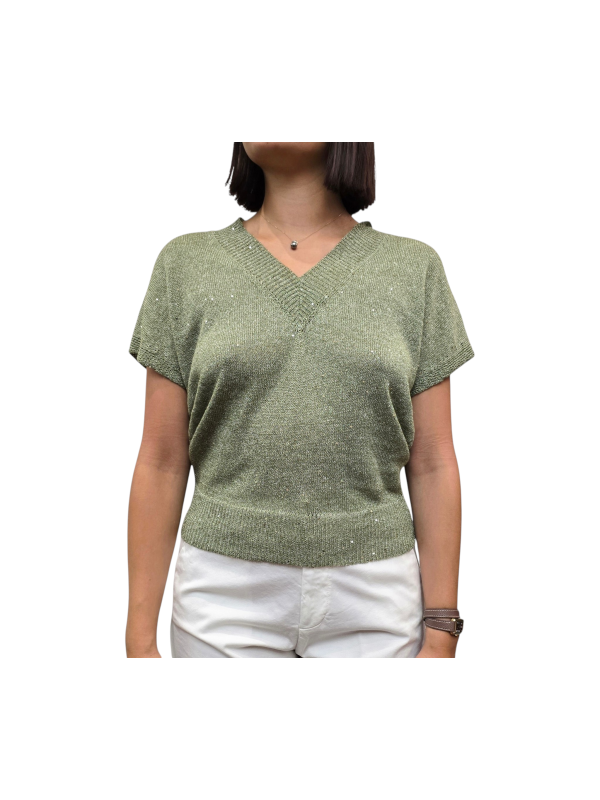 MAILLE COL V SEQUINS VERT OLIVE MANCHES COURTES W261815 451 AROVESCIO FEMME Strasbourg avant