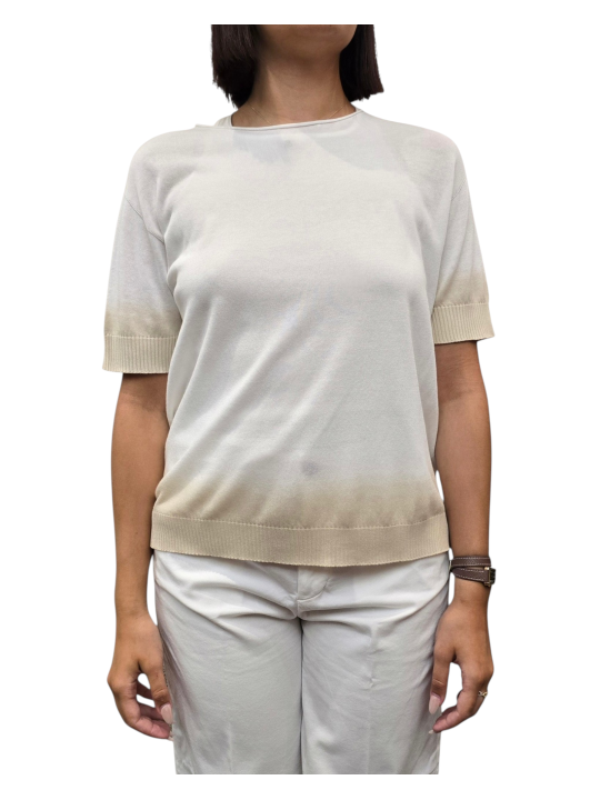 MAILLE OVERSIZE MANCHES COURTES TIE VANILLE SABLE W262004 059 AROVESCIO FEMME face