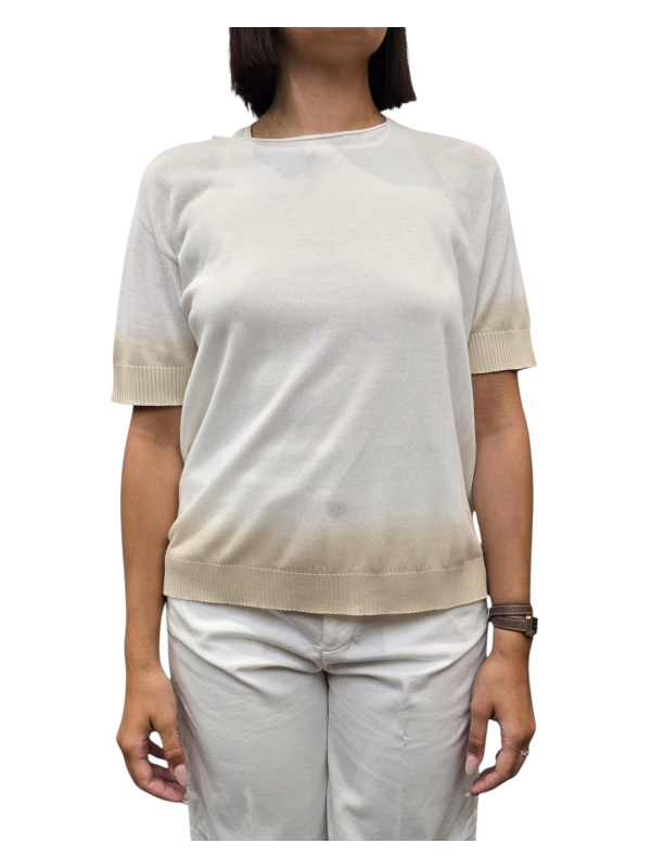 MAILLE OVERSIZE MANCHES COURTES TIE VANILLE SABLE W262004 059 AROVESCIO FEMME face