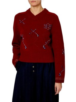 Pull court brique col v broderies bleu Paul Smith Femme W1R 950N W113 47 28 boutique vêtement mode store Strasbourg style front