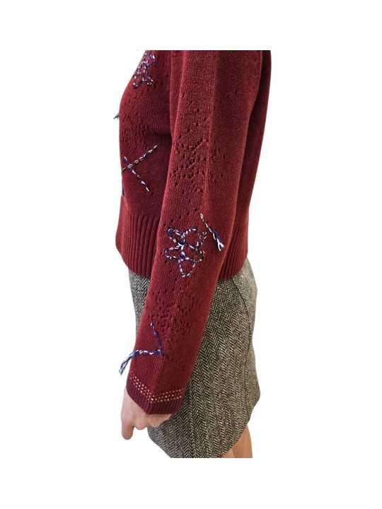 Pull court brique col v broderies bleu Paul Smith Femme W1R 950N W113 47 28 boutique vêtement mode store Strasbourg style côté