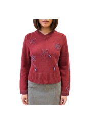 Pull court brique col v broderies bleu Paul Smith Femme W1R 950N W113 47 28 boutique vêtement mode store Strasbourg style face