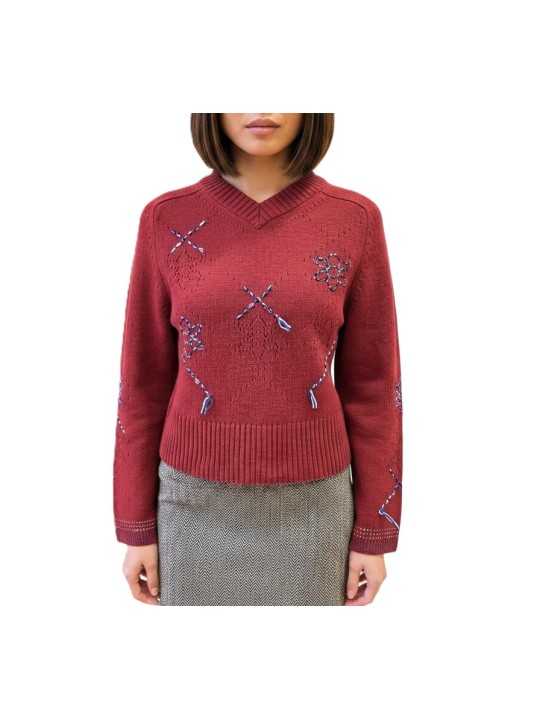 Pull court brique col v broderies bleu Paul Smith Femme W1R 950N W113 47 28 boutique vêtement mode store Strasbourg style face