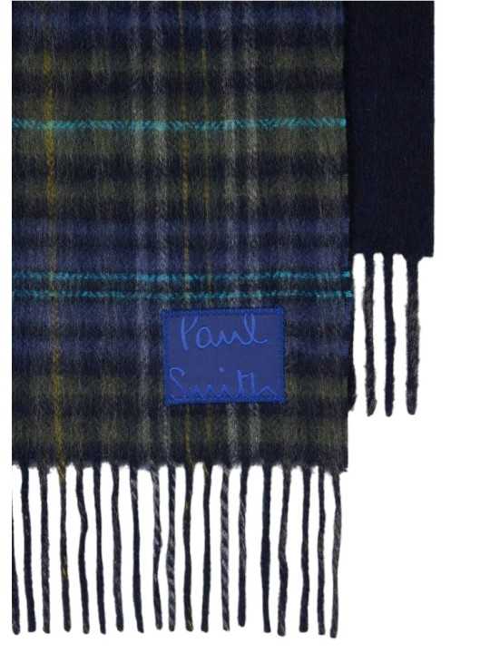 Echarpe tartan bleu vert ou unie navy 30x180 Paul Smith Homme M1A 150K W236 47 boutique accessoire Strasbourg shop store détail