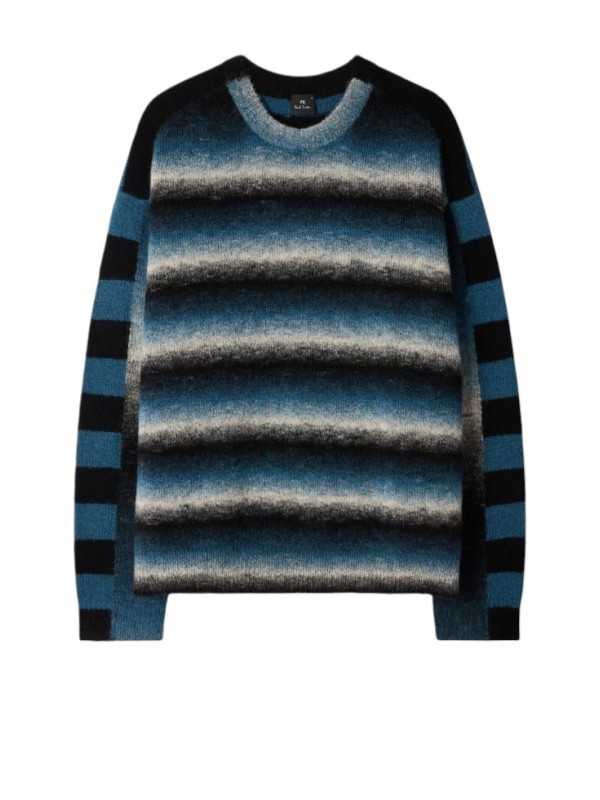 Pull rayé col rond noir bleu Paul Smith Homme M2R A064 W22833 79 vêtement mode boutique Strasbourg store shop face