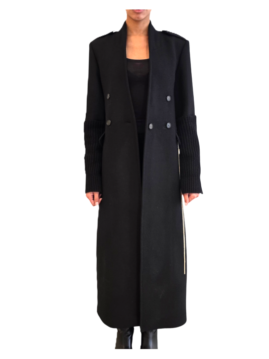 Manteau long officier noir manches bas maille Isabel Benenato Femme DW01 01 vêtement créateur mode shop boutique Strasbourg o