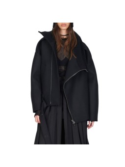 Blouson noir col yack ceinture Isabel Benenato Femme DW02 01 vêtement créateur mode boutique Strasbourg shop store front