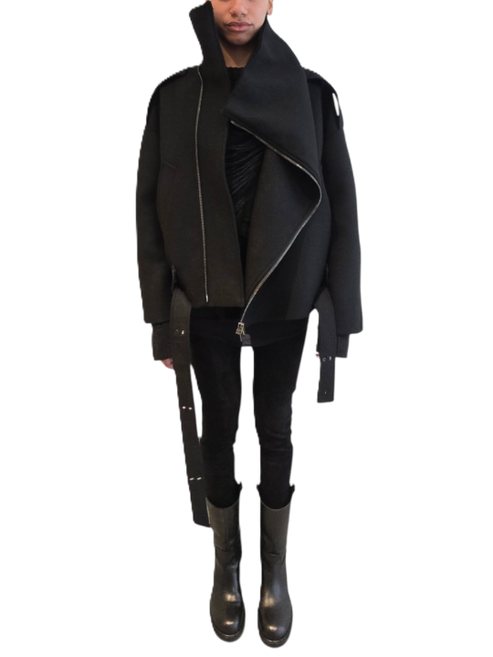 Blouson noir col yack ceinture Isabel Benenato Femme DW02 01 vêtement créateur mode boutique Strasbourg shop store look