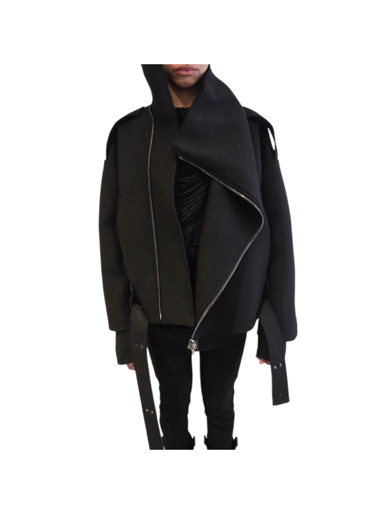 Blouson noir col yack ceinture Isabel Benenato Femme DW02 01 vêtement créateur mode boutique Strasbourg shop store style