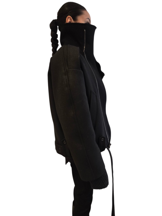 Blouson noir col yack ceinture Isabel Benenato Femme DW02 01 vêtement créateur mode boutique Strasbourg shop store côté