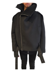 Blouson noir col yack ceinture Isabel Benenato Femme DW02 01 vêtement créateur mode boutique Strasbourg shop store closed