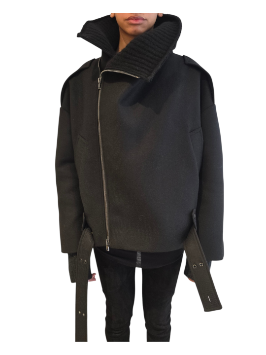 Blouson noir col yack ceinture Isabel Benenato Femme DW02 01 vêtement créateur mode boutique Strasbourg shop store closed