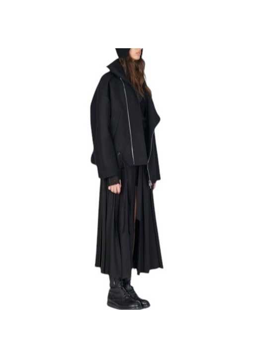 Blouson noir col yack ceinture Isabel Benenato Femme DW02 01 vêtement créateur mode boutique Strasbourg shop store side