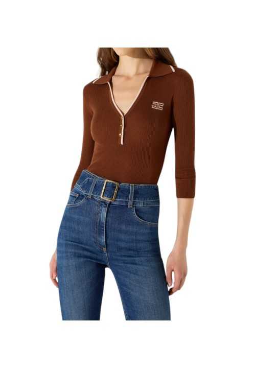 POLO LAINE MANCHE 34 CARAMEL CIGARO MK17B 004477 FQ4 Elisabetta Franchi Strasbourg vêtement mode concept store boutique style