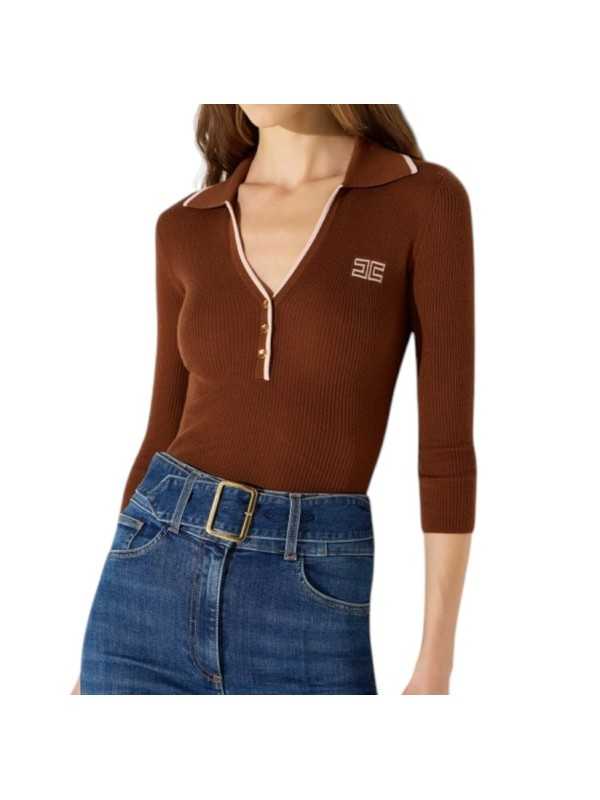 POLO LAINE MANCHE 34 CARAMEL CIGARO MK17B 004477 FQ4 Elisabetta Franchi Strasbourg vêtement mode concept store boutique front