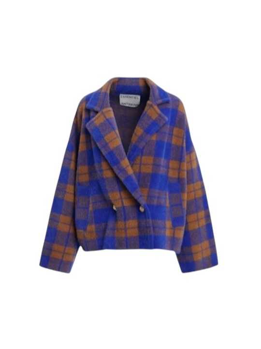 VESTE GILET CROISE CARREAUX CAMEL BLEU ROI KARREAU K2II ESSENTIEL ANTWERP Strasbourg Fashion boutique vêtement mode f