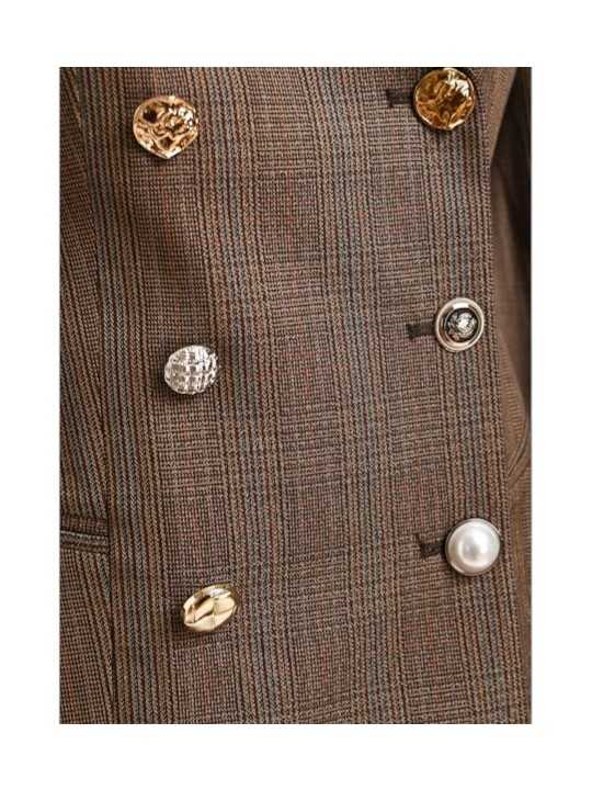 Veste fit prince de galles brun bleu boutons bijoux KARINA Essentiel Antwerp Femme K2CG détail