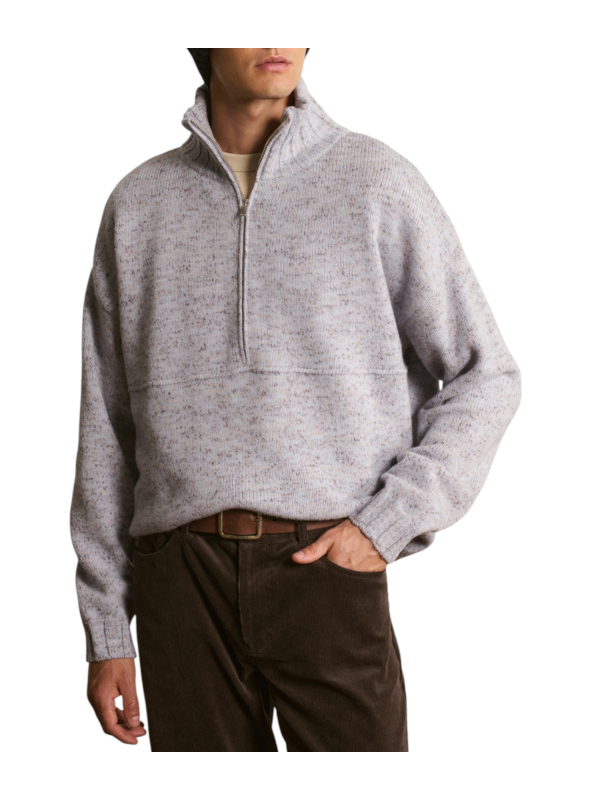 Pull camion zip bas Caspian laine chiné ciel marron 622844 9443 Montagut Homme boutique Strasbourg shop store vêtement front