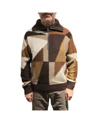 Pull patchwork col zip camel choco écru Baldessarini Homme B4 30125 5341 8310 boutique Strasbourg vêtement store mode fashion f1