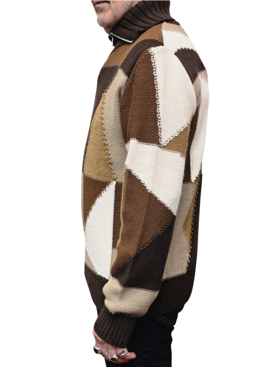Pull patchwork col zip camel choco écru Baldessarini Homme B4 30125 5341 8310 boutique Strasbourg vêtement store mode fashion p