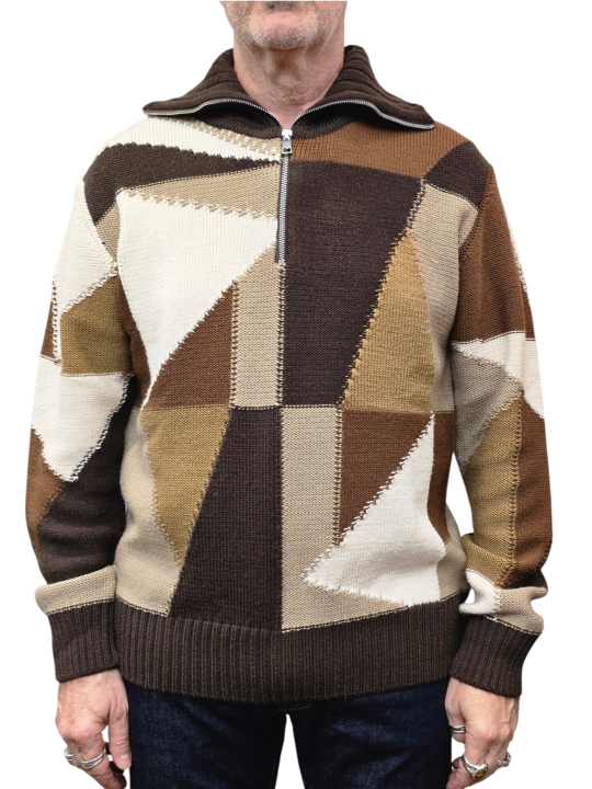 Pull patchwork col zip camel choco écru Baldessarini Homme B4 30125 5341 8310 boutique Strasbourg vêtement store mode fashion