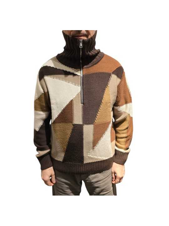 Pull patchwork col zip camel choco écru Baldessarini Homme B4 30125 5341 8310 boutique Strasbourg vêtement store mode fashion f2