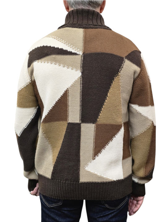 Pull patchwork col zip camel choco écru Baldessarini Homme B4 30125 5341 8310 boutique Strasbourg vêtement store mode fashion b