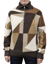 Pull patchwork col zip camel choco écru Baldessarini Homme B4 30125 5341 8310 boutique Strasbourg vêtement store mode fashion d
