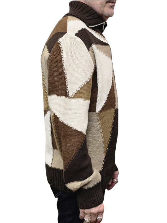 Pull patchwork col zip camel choco écru Baldessarini Homme B4 30125 5341 8310 boutique Strasbourg vêtement store mode fashion c